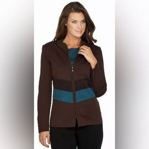 Misook Chevron Brown Zip Up Knit Jacket Cardigan